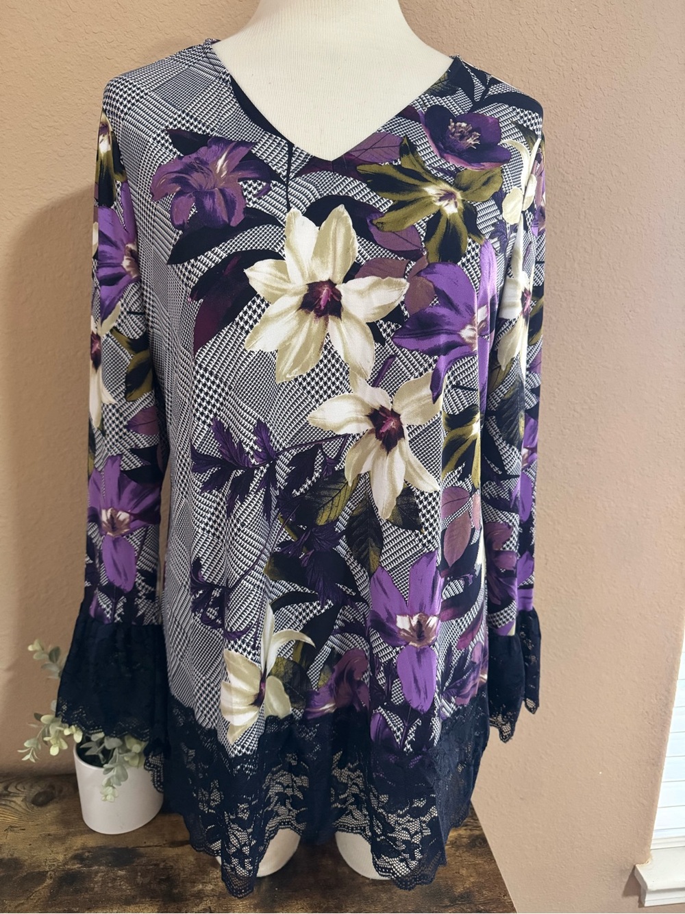 Susan Graver Purple, Cream & Green Floral Lace-Hem V-Neck Tunic QVC